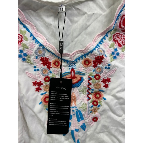 Gracy White Embroidered Floral Boho V-Neck Blouse Short Sleeve Top Women Medium - Picture 10 of 10